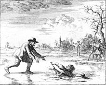 A 1685 illustration by Jan Luyken, published in Martyrs Mirror, of Dirk Willems saving his pursuer, an act of mercy that led to his recapture, after which he was burned at the stake near Asperen in the present-day Netherlands