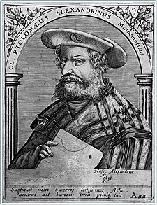 Claudio Ptolomeu, en un gravato d'o sieglo XVI.