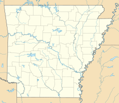 Mapa konturowa Arkansas, blisko centrum na lewo znajduje się punkt z opisem „Hot Springs, Arkansas”