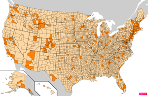 Counties in the United States by the percentage of the over 25-year-old population with bachelor's degrees according to the U.S. Census Bureau American Community Survey 2013–2017 5-Year Estimates.[238] Counties with higher percentages of bachelor's degrees than the United States as a whole are in full orange.