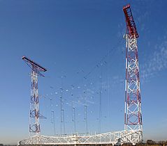 Curtain array shortwave transmitting antenna, Austria. Wire dipoles suspended between towers