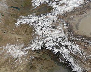 Satellite image of the region with the Afghanistan–China border marked