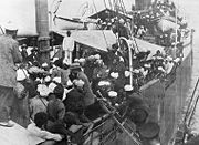 Punjabi Sikhs aboard the SS Komagata Maru in Vancouver's Burrard Inlet, 1914. Most of the passengers were not allowed to land in Canada and the ship was forced to return to India. The events surrounding the Komagata Maru incident served as a catalyst for the Ghadarite cause.