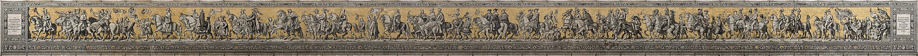 Triumfální průvod knížecího rodu Wettinů, porcelánová mozaika na zdi Dvorních koníren z 19. století.