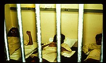 Photo taken through iron bars. Behind the bars, three people are lying on beds side by side, wearing identical white smocks with numbers on the chest.
