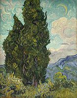 Cypresses (1889) by Vincent van Gogh, Saint-Rémy-de-Provence. Other van Gogh cypress paintings include Wheat Field with Cypresses and The Starry Night.