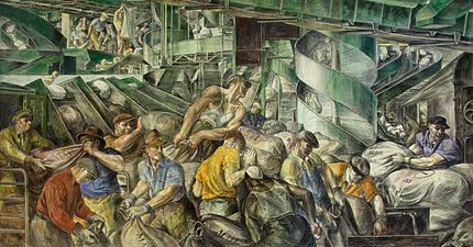 "עובדים ממיינים את הדואר", ציור קיר בבניין הפדרלי אריאל ריוס, וושינגטון הבירה, מאת רג'ינלד מארש (1936)