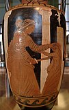 מדאה הורגת את אחד מילדיה. פרט מציור על כד מקפואה בסגנון הדמות האדומה, 330 לפנה"ס לערך, נתגלה בקומאי. מוזיאון הלובר, פריס.
