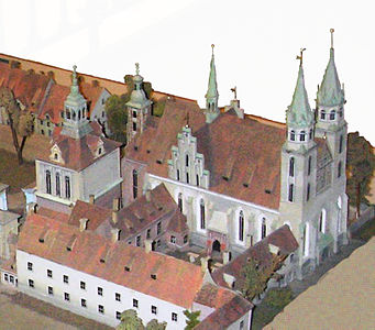 The Supreme Parish Church with its double-tower façade of 1538 with northerly adjacent parts of Berlin's Palace. Miniature shown in the present church building.