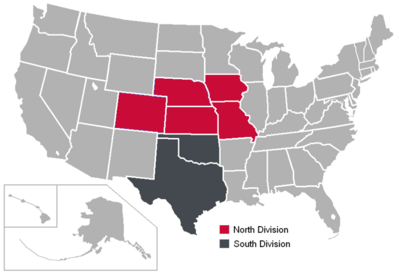 A map of the Big 12 as it existed from 1996 to 2011, with North (red) and South (grey) divisions