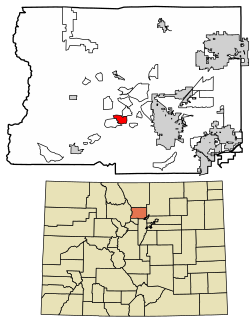 Location of the Mountain Meadows CDP in Boulder County, Colorado.