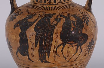 A tan terracotta background on a Greek amphora with the figures of Hercules and Apollo. (about 720 BC)