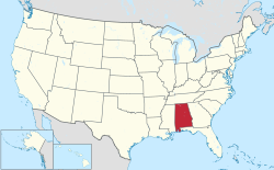 Yhdysvaltain kartta, jossa Alabama korostettuna