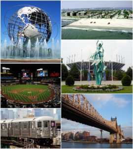 Clockwise from top-left: یونیسفر، Rockaway Park beach, آزاد آمریکا (تنیس)'s آزاد آمریکا (تنیس)، پل کوئینزبورو، فلاشینگ، کویینز-bound 7 train, New York Mets—Citi Field.