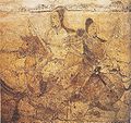 A scene of two horseback riders from a wall painting in the tomb of Lou Rui at Taiyuan, Shanxi, Northern Qi dynasty (550–577)