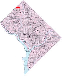 Map of Washington, D.C., with Barnaby Woods highlighted in red