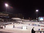 Kodak Tower from Frontier Field during an outdoor hockey game.