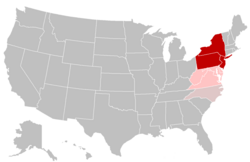 U.S. states in the northern half of the Mid-Atlantic region (highlighted in dark red), states in the southern half of the Mid-Atlantic region (highlighted in pink). North Carolina (which is included occasionally is highlighted in grayish-pink).