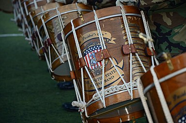 Members of the Marine Band holding drums during a rehearsal at Marine Barracks Washington for the 57th presidential inauguration, January 18, 2013