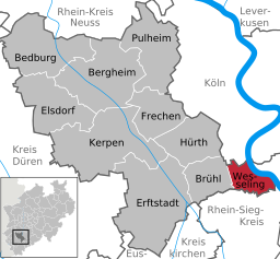 Läget för staden Wesseling i Rhein-Erft-Kreis