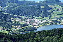 The built-up settlement of Sete Cidades on the western margin of the Blue Lake