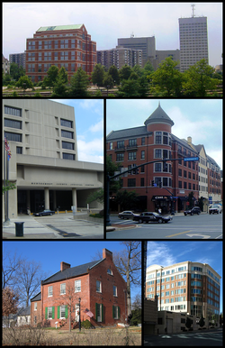 Downtown Rockville in 2001, the Montgomery County Judicial Center in 2010, the Rockville Town Square in 2010, the Beall-Dawson House in 2005, and downtown Rockville in 2008