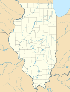Mapa konturowa Illinois, blisko centrum na prawo znajduje się punkt z opisem „Uniwersytet Illinois w Urbanie i&nbsp;Champaign”