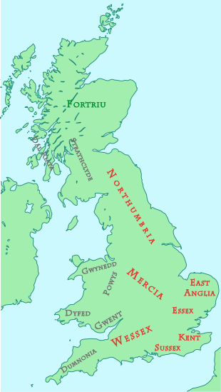 A labelled map of Great Britain. Modern Britain is labelled Northumbria, Mercia, East Anglia, Essex, Kent, Sussex and Wessex in red, Cornwall is labelled Dumnonia in grey; Wales is labelled Gwynedd, Powys, Dyfed and Gwent in grey; southern Scotland is labelled Strathclyde and Dal Riata in grey; northern Scotland is labelled Fortriu in green.