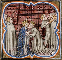 A miniature of Edward giving homage to Philip IV. Both men are wearing crowns and kneeling in front of one another.