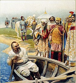 Man in plain white clothes and alone in a rowboat, arrives on a shore where a group of richly dressed men stand and await him, among them a crowned man in golden armour