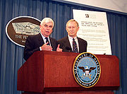Jeffords (right) with fellow U.S. senator Chris Dodd at the Pentagon, speaking on defense issues, May 2000.