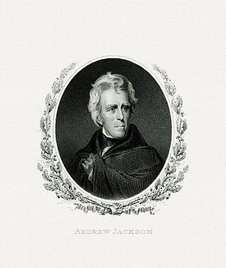 Engraved portrait of Jackson as president by the Bureau of Engraving and Printing. This portrait has appeared on the $20 bill since 1929.[325]