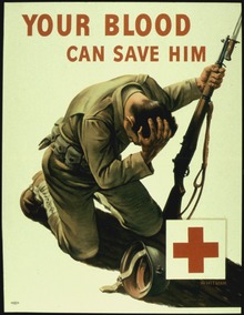 Dessin d'un soldat blessé surmontant la mention, en anglais, « Votre sang peut le sauver. »