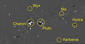 Long range view with Pluto and moons circled. (stars processed out)
