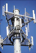 Sector antennas (white bars) on cell phone tower. Collinear dipole arrays, radiating a flat, fan-shaped beam.