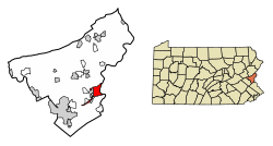 Location of Easton in Northampton County, Pennsylvania (left) and of Northampton County in Pennsylvania (right)