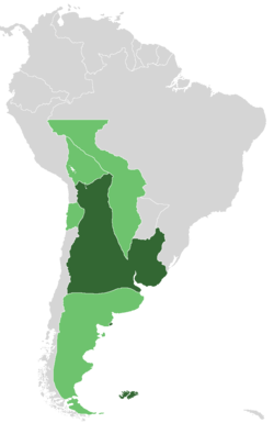 The United Provinces of the Río de la Plata in 1816. Territory under effective control shown in dark green; territories under royalist or indigenous rule shown in light green.