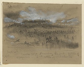 drawing of soldiers attacking up a hill,