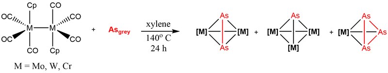 Reactions of gray arsenic, adapted from ref. 1 and detailed in refs. 3 and 4. Organometallic complexes of chromium, molybdenum and tungsten react with gray arsenic to form mono-, di- and triarsenic compounds.