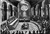 Gambar cetak dari Abad Pembaharuan yang menggambarkan suasana penyelenggaraan Konsili Trento