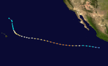 A track map of a hurricane across the Eastern and Central Pacific Ocean; it is a relatively straight west-northwestward track, curving northward at the end