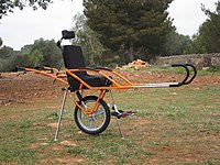 Single-wheel rickshaw-style wheelchair for hiking, usually pulled by one person and pushed by another