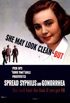 Americký plakát z období druhé světové války, který americké vojáky a námořníky varuje před syfilis a kapavkou u prostitutek. Ve spodní části plakátu se píše „You can't beat the Axis if you get VD.“ tedy „Nemůžeš porazit Osu, když chytneš venerickou nemoc.“