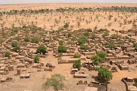 Environmental migration. Sparser rainfall leads to desertification that harms agriculture and can displace populations. Shown: Telly, Mali (2008).[262]