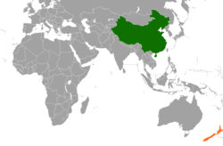 Map indicating locations of China and New Zealand