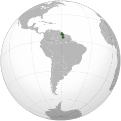Guyana shown in dark green, territorial claims from Venezuela shown in light green.