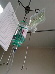 Photograph of two intravenous solution bags (containing glucose and levofloxacin, respectively) and a paper log sheet hanging from a pole