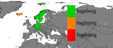 Land hvor Ingeborg (grønt) er mye brukt