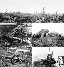 Képek a bal felsőtől: * A nyugati front * A Jasta 11 század Albatros D.III vadászgépei Douai-nál * Brit Mark V tankok * Vickers géppuskát kezelő gázálarcos katonák * Az aknárafutott és süllyedő brit Irresistible csatahajó Gallipolinál