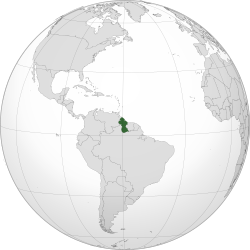 ที่ตั้งของ ประเทศกายอานา  (เขียว) ในทวีปอเมริกาใต้  (เทา)